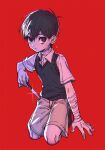  1boy antenna_hair bandaged_arm bandages black_eyes black_hair black_sweater_vest brown_shorts child collared_shirt commentary_request from_side full_body glint highres holding holding_knife knife looking_at_viewer male_focus omori red_background seiza shirt short_hair shorts simple_background sitting solo sunny_(omori) sweat sweater_vest toastytoast white_shirt 