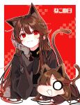  animal_ears arm_rest black_hair black_jacket brown_hair cat_day cat_ears cat_tail fate/grand_order fate_(series) gloves grey_gloves head_rest highres jacket keikenchi_(style) koha-ace long_hair oda_nobunaga_(fate) oda_nobunaga_(koha-ace) red_background red_eyes smile tail yui_(tamagohan) 
