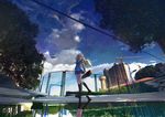  black_legwear blazer blonde_hair blue_sky building city cloud crane day different_reflection fence from_below holding instrument_case jacket kneehighs lamp lamppost long_hair long_sleeves looking_away miniskirt miyazono_kawori necktie outdoors pleated_skirt pond reflection scenery school_uniform shigatsu_wa_kimi_no_uso shirt skirt sky solo star_(sky) starry_sky striped striped_neckwear tree very_long_hair walking water_tower xiaoyin_li 