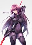  bodysuit breasts character_name covered_navel covered_nipples fate/grand_order fate_(series) gae_bolg hair_intakes highres kokutou large_breasts long_hair polearm purple_bodysuit purple_hair red_eyes scathach_(fate)_(all) scathach_(fate/grand_order) solo weapon 