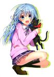  1girl blue_eyes blue_hair blush cat hairpins happy long_hair mishima_kurone ribbon simple_background solo 