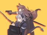  2girls aiming animal_ear_fluff animal_ears arknights backpack bag ballistic_shield between_legs black_bag black_horns black_skirt black_tail blue_horns brown_eyes brown_gloves brown_hair brown_shirt brown_tail brown_thighhighs closed_mouth commentary_request dragon_girl dragon_horns dragon_tail drop_shadow elbow_gloves fox_ears fox_girl fox_tail franka_(arknights) gloves grey_hair grin gun handgun haruichi_(sazanami_complex) high_collar holding holding_gun holding_sword holding_weapon horns jacket leaning_forward liskarm_(arknights) long_hair looking_ahead multiple_girls outstretched_arms profile purple_jacket red_eyes scabbard sheath shield shirt short_hair short_sleeves skirt smile standing sword tail tail_between_legs tail_raised thighhighs unsheathed weapon yellow_background 