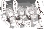  &gt;_&lt; 3girls ahoge animal_ears artist_name blush bow closed_eyes commentary_request cowboy_shot domino_mask ear_ornament el_condor_pasa_(umamusume) greyscale hat highres horse_ears horse_girl horse_tail jacket laughing long_hair mask mini_hat mini_top_hat monochrome mr._c.b._(umamusume) mukakin multicolored_hair multiple_girls open_mouth ponytail puffy_short_sleeves puffy_sleeves short_sleeves simple_background smile speech_bubble streaked_hair tail tilted_headwear tokai_teio_(umamusume) top_hat translation_request umamusume very_long_hair white_background 
