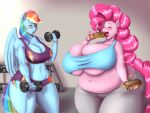 2024 5_fingers anthro anthrofied athletic athletic_anthro athletic_female belly biceps big_belly big_breasts blue_body blue_fur blues64 blush bottomwear breast_squish breasts bulging_breasts clothing crop_top curvy_figure cutie_mark dessert detailed_background digital_drawing_(artwork) digital_media_(artwork) doughnut dumbbell duo earth_pony eating eating_food equid equine exercise eyelashes eyes_closed feathered_wings feathers female fingers fluffy fluffy_tail food friendship_is_magic fur gym hair hasbro hi_res horse huge_breasts huge_thighs inside long_tail mammal marauder6272 multicolored_hair multicolored_tail my_little_pony mythological_creature mythological_equine mythology navel overweight overweight_anthro overweight_female pegasus pink_body pink_eyes pink_fur pink_hair pink_tail pinkie_pie_(mlp) pony rainbow_dash_(mlp) rainbow_hair rainbow_tail shirt shorts squish sweatpants tail thick_thighs topwear under_boob voluptuous weightlifting weights wide_hips wings workout workout_clothing