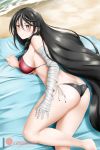  alfred_cullado annoyed ass bandaged_arm bandages bare_shoulders barefoot bikini black_hair blush braid breasts brown_eyes butt_crack large_breasts long_hair looking_at_viewer lying on_side shiny shiny_clothes shiny_hair shiny_skin sideboob solo swimsuit tales_of_(series) tales_of_berseria velvet_crowe very_long_hair 
