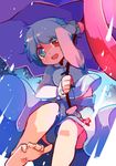  barefoot blue_hair heterochromia karakasa_obake long_sleeves looking_at_viewer open_mouth rain shirt skirt skirt_set smile soles solo tatara_kogasa touhou umbrella vest yetworldview_kaze 