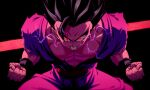  1boy bent_over black_background black_hair black_wristband clenched_hand clenched_teeth dougi dragon_ball dragon_ball_super dragon_ball_super_super_hero electricity medium_hair muscular pants potential_unleashed powering_up purple_pants purple_shirt red_eyes red_sash sash scene_reference sekitsuki_hayato shirt sleeveless sleeveless_shirt solo son_gohan spiked_hair teeth transformation 