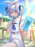  1girl absurdres animal_ears belt blue_hair blue_neckerchief blue_ribbon blue_sky blurry blurry_background carrot_hair_ornament choker cloud commentary_request day dress eating flat_chest food food-themed_hair_ornament hair_ornament hair_ribbon hairclip highres holding holding_food holding_popsicle hololive light_blue_hair light_blush looking_at_viewer medium_hair monokawa_(iurl1z) neckerchief official_alternate_costume orange_eyes outdoors park popsicle puffy_short_sleeves puffy_sleeves rabbit_ears ribbon sailor_collar short_sleeves short_twintails sidelocks sitting sky solo sparkle sunlight swing thick_eyebrows tree twintails usada_pekora usada_pekora_(casual) virtual_youtuber white_belt white_choker white_dress white_sailor_collar 