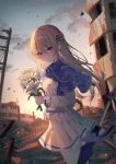  1girl blonde_hair blurry bouquet building cloud commentary depth_of_field dress evening flower gin_(gin937) hair_between_eyes hair_ornament heaven_burns_red highres holding holding_bouquet long_hair looking_at_viewer parted_lips power_lines red_eyes ruins shirakawa_yuina sidelocks sky solo standing symbol-only_commentary utility_pole white_dress white_flower 