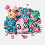  :d alternate_color artist_name bush celebi cherrim cherrim_(sunshine) commentary darkvoiddoble flower fomantis green_eyes happy no_humans open_mouth petals pink_flower pokemon pokemon_(creature) shiny_pokemon smile tongue 