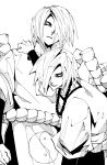  2boys clenched_hand closed_mouth hair_over_one_eye hand_on_another&#039;s_shoulder jewelry lipstick looking_to_the_side makeup male_focus metric80019 monochrome multiple_boys naruto naruto_(series) necklace ninja sakon_(naruto) serious short_hair siblings twins ukon_(naruto) yin_yang yin_yang_print 