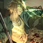  1boy abs arm_rest banknote blood blood_on_body blood_on_chest blood_on_clothes blood_on_face blood_on_weapon brown_hair chain_necklace collared_shirt couch eyewear_on_head from_argonavis from_side green_eyes green_shirt hayasaka_kouhei head_tilt highres jewelry leaning_back light_rays looking_at_viewer male_focus money necklace on_couch open_clothes open_shirt pectorals rebar shirt single_sidelock smirk solo sunglasses sunlight swept_bangs upper_body wago weapon window_blinds 