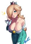  1girl bare_shoulders blonde_hair blue_dress blue_eyes breasts brooch cleavage collarbone crown dress earrings eyelashes hair_over_one_eye highres jewelry large_breasts long_bangs long_hair long_sleeves looking_at_viewer mario_(series) off-shoulder_dress off_shoulder parted_lips purple_nails rosalina signature smile solo star_(symbol) star_brooch star_earrings super_mario_galaxy toggy_keiichi white_background 