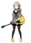  1girl baozi commentary_request eating electric_guitar food full_body gibson_les_paul grey_hair guitar hairband himao instrument jacket original pantyhose purple_eyes scarf shoes short_hair simple_background skirt smile sneakers solo white_background 