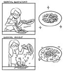  comic commentary cooking english food frying_pan glasses greyscale long_hair mariel_cartwright monochrome self-portrait shirt simple_background truth white_background 