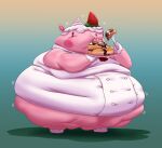 animal_crossing anthro belly big_belly blush blush_stickers chubby_cheeks clothing cutlery eating fat_arms fat_legs fathips female food food_creature fork fruit holding_food holding_object horn kitchen_utensils mammal merengue_(animal_crossing) morbidly_obese morbidly_obese_anthro morbidly_obese_female nintendo obese obese_anthro obese_female overweight overweight_anthro overweight_female pancake pink_body plant rhinoceros solo standing strawberry tight_clothing tools wobbling