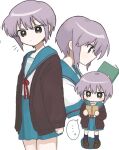  1girl blue_sailor_collar blue_skirt blush blush_stickers book brown_cardigan brown_eyes cardigan chibi closed_mouth expressionless highres holding holding_book kita_high_school_uniform long_sleeves multiple_views nagato_yuki notice_lines open_cardigan open_clothes pleated_skirt pupike purple_hair reading red_ribbon red_skirt ribbon sailor_collar school_uniform serafuku short_hair short_sleeves simple_background skirt summer_uniform suzumiya_haruhi_no_yuuutsu white_background winter_uniform 