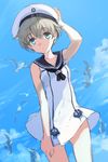  :&lt; alternate_costume anchor aqua_eyes bird blonde_hair daakuro hat kantai_collection looking_at_viewer seagull short_hair sketch solo white_hat z1_leberecht_maass_(kantai_collection) 