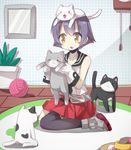  :o animal animal_on_head batsubyou blush carpet cat cat_on_head clock gloves holding holding_animal ka_zhi kantai_collection on_head purple_eyes sakawa_(kantai_collection) seiza short_hair sitting thighhighs wall_clock yarn yarn_ball yellow_eyes 