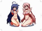  :d ahoge bad_id bad_pixiv_id barefoot bikini blue_hair blush breasts covered_nipples double_v glasses green_eyes highres izumi_konata large_breasts long_hair looking_at_viewer lucky_star mizushima_(p201112) mole mole_under_eye multiple_girls open_mouth pink_hair purple_eyes simple_background small_breasts smile swimsuit takara_miyuki trim_marks v very_long_hair white_background 