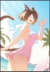  1girl animal_ears ass blue_eyes breasts brown_hair cat_ears cat_tail day dutch_angle final_fantasy final_fantasy_xiv large_breasts looking_at_viewer lyra-kotto miqo&#039;te one-piece_swimsuit open_mouth outdoors palm_tree short_hair solo swimsuit tail tree 