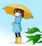  alternate_costume black_legwear boots brown_eyes brown_hair commentary frog highres kaga_(kantai_collection) kantai_collection leaf nakashino_setsu open_mouth pantyhose ponytail rain raincoat rubber_boots short_hair side_ponytail solo umbrella yellow_footwear yellow_umbrella younger 