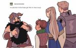 1girl 3boys armor beard black_eyes blonde_hair brown_hair chilchuck_tims closed_mouth commentary dungeon_meshi dwarf elf english_commentary english_text eyesup-orion facial_hair fake_horns halfling helmet highres hip_flask holding horned_helmet horns laios_thorden long_hair looking_at_another marcille_donato multiple_boys open_mouth pointy_ears senshi_(dungeon_meshi) short_hair simple_background smile tumblr white_background 