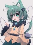  1girl :d ahoge animal_ear_fluff animal_ears black_bow black_bowtie blouse blush bow bowtie buttons cat_ears cat_tail diamond_button fang frilled_sleeves frills green_eyes green_hair green_skirt grey_background hair_between_eyes hair_bow hair_ornament hairclip hand_up heart heart_ahoge heart_of_string highres kemonomimi_mode komeiji_koishi long_sleeves looking_at_viewer mr.turtle_head open_mouth paw_pose shirt short_hair simple_background skin_fang skirt smile tail third_eye tongue touhou wide_sleeves yellow_shirt 