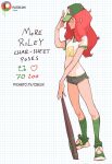  1girl baseball_bat baseball_cap breasts closed_mouth creux dolphin_shorts english_commentary english_text full_body green_eyes green_socks hat highres long_hair looking_at_viewer medium_breasts original patreon_logo patreon_username red_hair riley_(creux) shorts smile socks solo splatball_(creux) standing 
