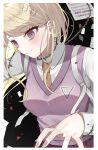  1girl akamatsu_kaede black_background blush border brown_necktie collared_shirt cowboy_shot danganronpa_(series) danganronpa_v3:_killing_harmony dated hair_ornament happy_birthday highres imminent_death long_sleeves me_a_(r_party428) musical_note musical_note_hair_ornament necktie paper petals pink_eyes pink_sweater_vest shirt solo spoilers sweater_vest white_border white_shirt 