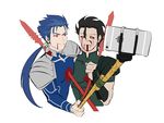  ahoge black_hair blood blood_in_mouth blue_hair cellphone fate/stay_night fate/zero fate_(series) gae_bolg gae_buidhe gae_dearg impaled iphone lancer lancer_(fate/zero) mabaem mole mole_under_eye multiple_boys parody phone polearm ponytail red_eyes red_sclera selfie_stick smartphone spear spoilers weapon yellow_eyes 