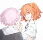  2girls chaldea_uniform closed_mouth fate/grand_order fate_(series) fujimaru_ritsuka_(female) hair_ornament hair_scrunchie hand_up long_sleeves mash_kyrielight multiple_girls one_side_up orange_eyes orange_hair pink_hair scrunchie shironojiro short_hair simple_background smile upper_body white_background yellow_scrunchie 