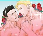  2boys anger_vein annoyed ao_isami bara bishie_sparkle black_hair blonde_hair couple eye_contact facial_hair flower from_side frown highres holding_hands lewis_smith looking_at_another male_focus medium_sideburns multiple_boys nipples nude pectorals rose sannzenndo3000 sideburns_stubble stubble tearing_up thick_eyebrows upper_body yaoi yuuki_bakuhatsu_bang_bravern 