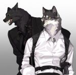 2024 anthro black_body black_clothing black_ears black_fur black_nose black_topwear canid canine canis clothed clothing duo fangs fur gradient_background lljh mammal monotone_body monotone_fur multicolored_body multicolored_fur open_mouth red_tongue sharp_teeth simple_background teeth tongue topwear white_clothing white_topwear wolf