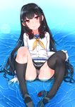  ass asymmetrical_legwear black_hair black_legwear black_panties cameltoe gloves hair_ribbon high_heels isokaze_(kantai_collection) kantai_collection kneehighs kyuuso_inukami long_hair panties partially_visible_vulva pleated_skirt red_eyes ribbon school_uniform serafuku single_kneehigh single_thighhigh sitting skirt smile solo thighhighs thighs underwear water wet white_gloves 