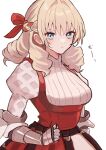  1girl :t armor blonde_hair blue_eyes blush braid breasts dress drill_hair gauntlets hair_intakes hair_ribbon highres large_breasts long_hair looking_at_viewer pout red_dress ribbon scarlett_(unicorn_overlord) solo sweater turtleneck turtleneck_sweater unicorn_overlord white_background yuurururun 