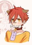  acala aizen_kunitoshi animal_ears bandaid bandaid_on_nose blush bone collar dog_ears dogboy kippu male_focus mouth_hold name_tag red_hair solo sweat touken_ranbu upper_body yellow_eyes 