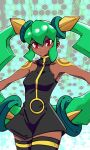  1girl bare_shoulders batchgooya breasts closed_mouth dark-skinned_female dark_skin green_hair highres long_hair looking_at_viewer mega_man_(series) mega_man_legends_(series) red_eyes smile solo tattoo thighhighs twintails yuna_(mega_man) 