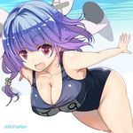  blue_hair blush breasts fang hair_ornament hair_ribbon i-19_(kantai_collection) kantai_collection large_breasts long_hair name_tag one-piece_swimsuit open_mouth red_eyes ribbon school_swimsuit smile solo sts swimsuit torpedo twintails underwater water wide_hips 