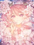  1girl absurdres cherry_blossoms closed_mouth collared_shirt commentary_request falling_petals hair_ornament hatsune_miku highres holding holding_petal leaf_hair_ornament looking_at_viewer necktie petals pink_eyes pink_hair pink_necktie pink_theme sakura_miku shirt solo twintails twitter_username upper_body vocaloid yuzuha_wasa 