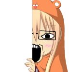  1girl animal_hood black-framed_eyewear black_eyes blonde_hair blush clothes gem glasses himouto!_umaru-chan hood hood_up looking_at_viewer non-web_source open_mouth portrait solo soyjak teeth third-party_edit transparent_background upper_teeth_only 