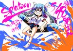  :d barefoot blue_hair breasts character_name copyright_name dated domino_mask feet i-19_(kantai_collection) kantai_collection long_hair looking_at_viewer mask medium_breasts open_mouth paint purple_eyes school_uniform smile solo splatoon_(series) splatoon_1 tentacle_hair toes torpedo translation_request yuzu_momo 