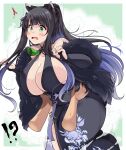  !? 1girl absurdres alternate_breast_size animal_ears black_gloves black_hair blue_archive blue_hair blush border breasts cleavage collarbone commentary_request disembodied_limb dress feet_out_of_frame gloves grabbing_another&#039;s_belly green_background green_eyes highres huge_breasts kurokaze_no_sora long_hair multicolored_hair open_hands open_mouth outside_border shun_(blue_archive) sidelocks solo_focus sweat tareme thick_thighs thighs two-tone_hair white_border 
