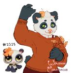 anthro anthrofied bear chromacub circle_eyebrows claws clothed clothing eyebrows female finger_claws flower flower_accessory fully_clothed fur giant_panda green_eyes hasbro hi_res lips littlest_pet_shop lps_2325 mammal plant raised_arm real reference_image smile solo sweater tail topwear toy white_body white_fur