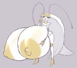 2018 antennae_(anatomy) anthro areola arthropod big_areola big_breasts blattodea blue_eyes breast_squish breasts cockroach digital_media_(artwork) elfdrago female generation_7_pokemon grey_background hi_res huge_areola huge_breasts hyper hyper_breasts insect nintendo nipples open_mouth pheromosa pokemon pokemon_(species) purple_sclera simple_background solo squish ultra_beast white_body yellow_areola yellow_nipples