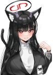  1girl absurdres animal_ear_fluff animal_ears black_hair blue_archive blush breasts cat_ears cat_tail dragonchicken02 extra_ears grin hair_ornament hairpin halo highres id_card large_breasts long_hair long_sleeves looking_at_viewer red_eyes rio_(blue_archive) simple_background smile solo sweater tail turtleneck turtleneck_sweater white_background white_sweater 