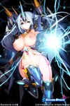  1girl armor blue_eyes blue_hair blush breasts female gauntlets greaves headgear highres hildegard_(soccer_spirits) large_breasts long_hair mecha_musume navel open_mouth photoshop snowball22 soccer_spirits solo 