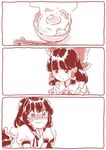  3koma black_wings blush bow bowl bowtie chopsticks comic commentary_request detached_sleeves egg food hair_ornament hair_ribbon hair_tubes hakurei_reimu hat jpeg_artifacts looking_up mitsumoto_jouji monochrome multiple_girls nervous_smile pointy_ears pom_pom_(clothes) puffy_sleeves ribbon rice rice_bowl shameimaru_aya short_hair short_sleeves smile staring string sweat sweatdrop sweating_profusely tamagokake_gohan tokin_hat touhou unamused upper_body wings 