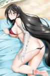  alfred_cullado ass bandaged_arm bandages bare_shoulders barefoot bikini black_hair blanket blush braid breasts brown_eyes butt_crack embarrassed large_breasts long_hair looking_at_viewer lying nipples on_side open_mouth parted_lips shiny shiny_clothes shiny_hair shiny_skin sideboob solo swimsuit tales_of_(series) tales_of_berseria velvet_crowe very_long_hair wardrobe_malfunction 