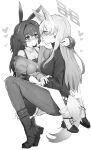  2girls animal_ear_fluff animal_ears arm_around_neck blue_archive blush boots breasts dog_ears dog_tail extra_ears eye_contact female_sensei_(blue_archive) greyscale hair_intakes hand_on_another&#039;s_arm heart highres kanna_(blue_archive) long_hair long_sleeves looking_at_another monochrome multiple_girls rabbit_ears sensei_(blue_archive) senta_(ysk_0218) simple_background sitting sitting_on_lap sitting_on_person straddling sweat tail white_background yuri 